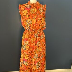 J.Crew Sunset Floral Smocked dress flutter ruffle hem, autumn colors sz Tall-Med